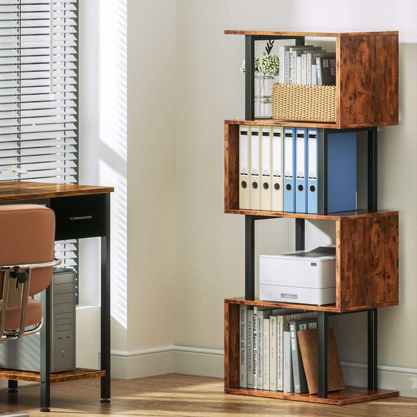 Furologee 5 Tier Bookshelf, S Shaped Geometric Bookcase, Narrow Freestanding Display Shelves, Modern Wood Decorative Storage Rack for Bedroom, Living Room, Home Office, Rustic Brown