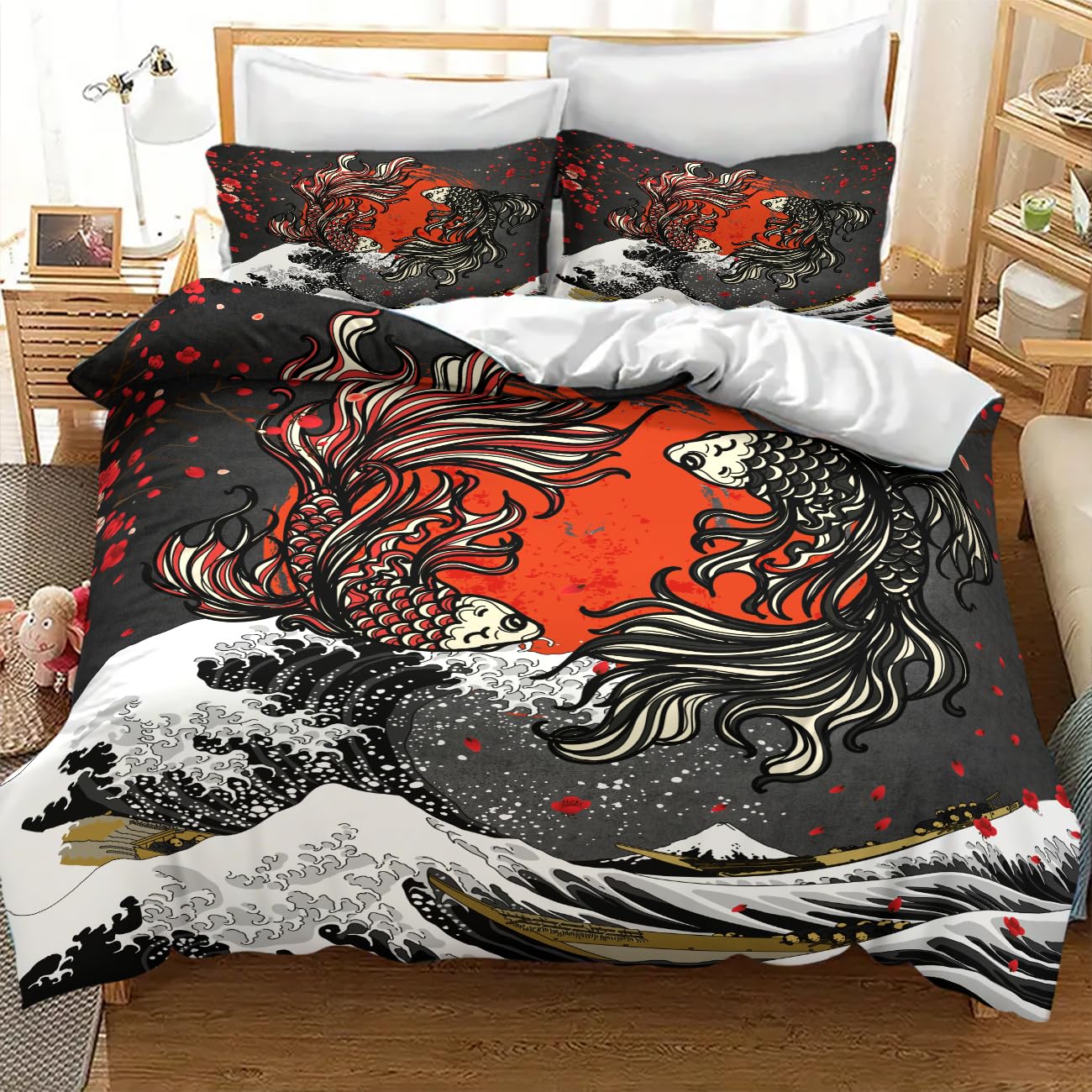 Lnepty Koi Fish Bedding Set,Japanese Gold Great Wave Cherry Blossom Asian Ink Painting Oriental Koi Theme Comforter Set with Pillowcase for Bedroom Bed Decor,Twin 86"x70"