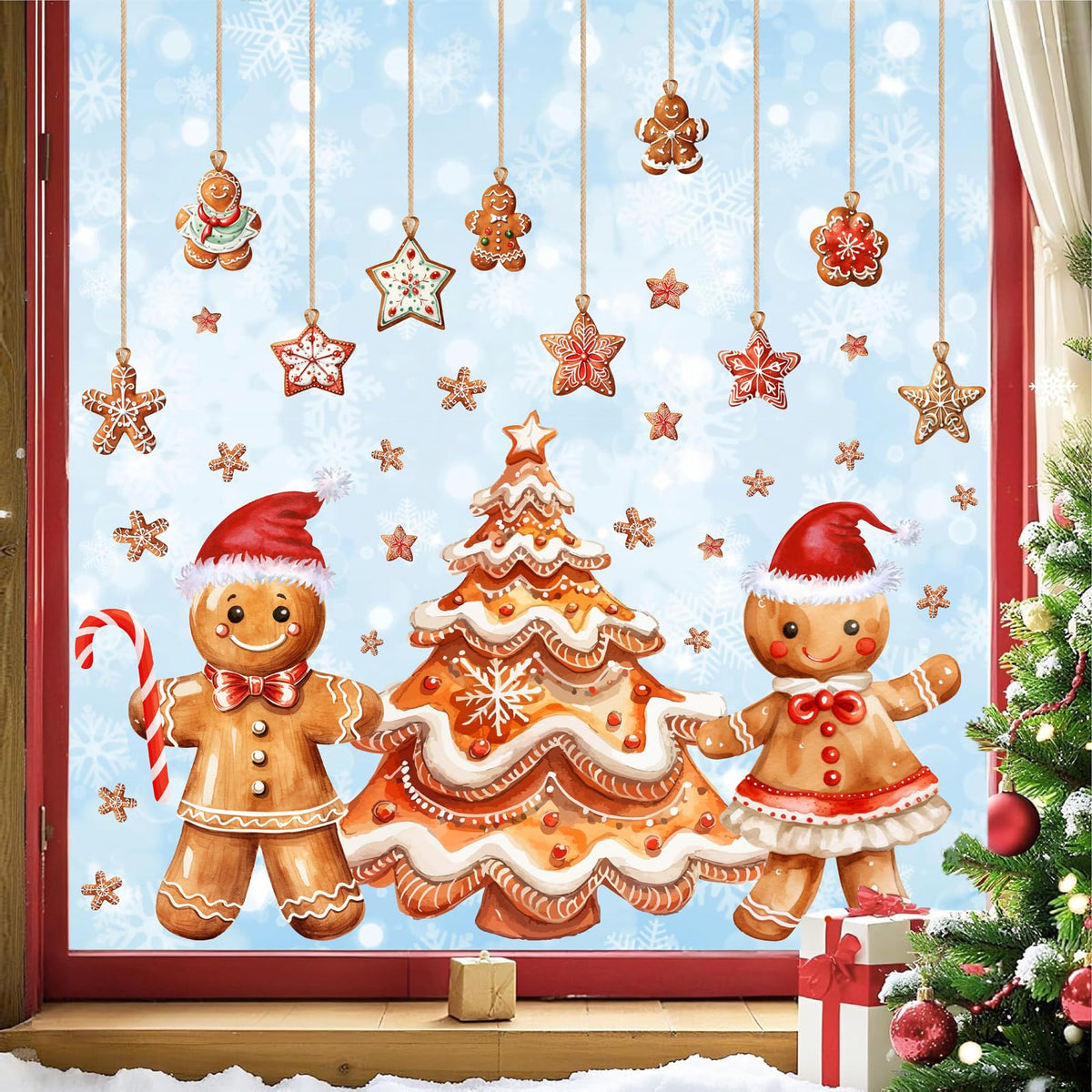 Christmas Window Decoration Clings Gingerbread Decals for Glass Double-Side Xmas Tree Holiday Window Decal Reusable Removable Snowflake Static Cling for Indoor Home Office Display Winter Decoration