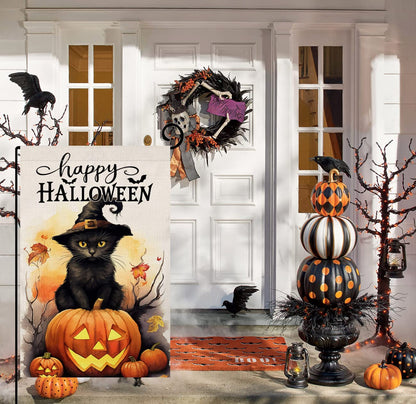 BLKWHT Halloween Cat Garden Flag 12x18 Vertical Double Sided Happy Halloween Pumpkin Holiday Outside Decorations Burlap Yard Flag BW479