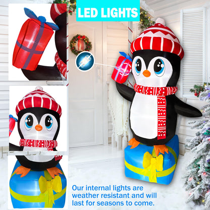 JOYEASE 5.5 FT Christmas Inflatables Penguin with Gift Boxes Decoration, LED Lighted Christmas Blow up Yard Decorations for Party Indoor Outdoor Garden Lawn Decor Xmas Inflatables Present