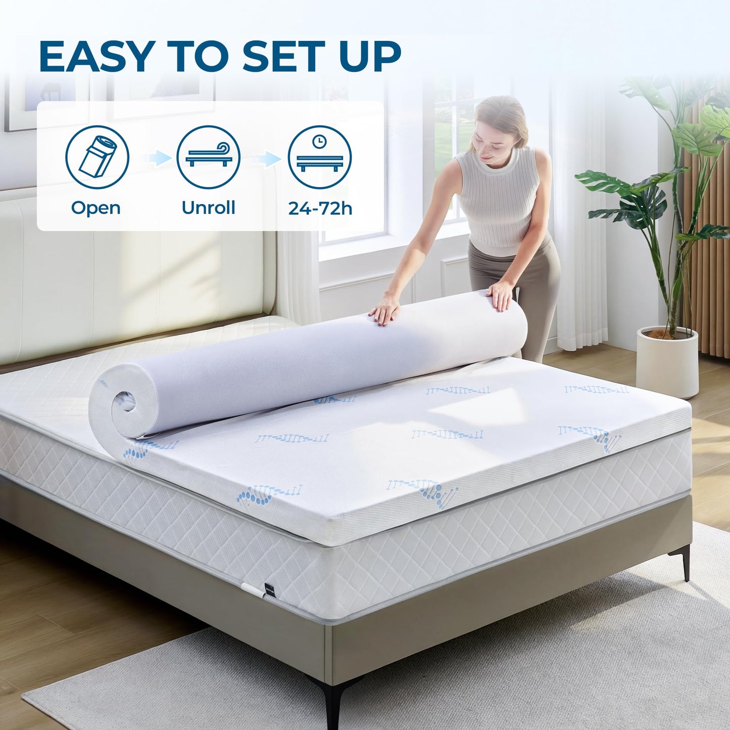 BDEUS 3 Inch Twin Memory Foam Mattress Topper with Collagen-Rich Cover, Soft Mattress Pad for Skin-Hydrating & Back Pain Relief, CertiPUR-US Certified