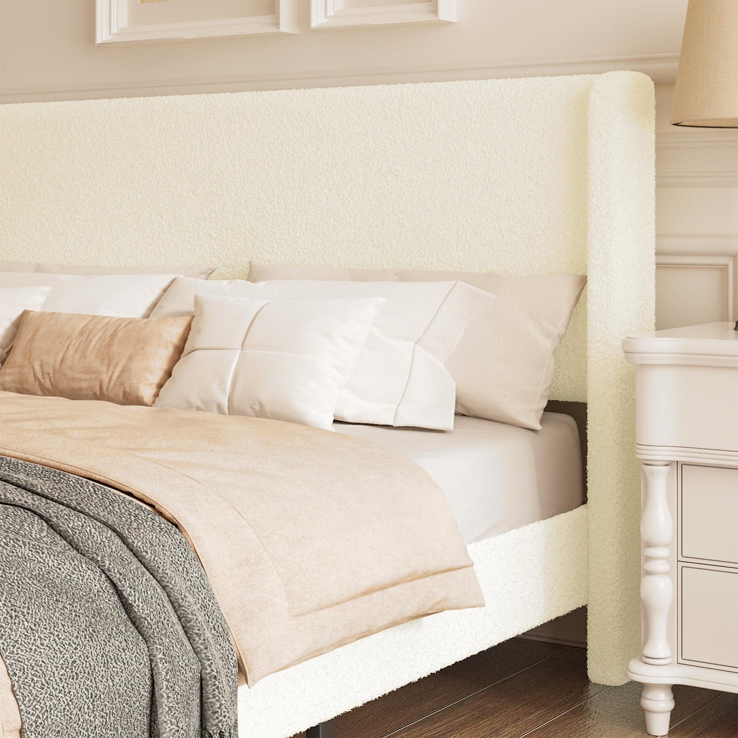Lcwtvgxr Full Boucle Upholstered Platform Bed Frame, Beige