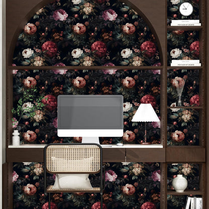 XRUIBZI Dark Floral Peel and Stick Wallpaper Vintage Gothic Contact Paper Pink Goth Flower Wall Mural Home Vinyl Waterproof Self Adhesive Removable Renter Friendly Wall Paper 17.5" x 118"