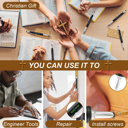 Sayglossy 48pcs Christian Multitool Pens Valentines Gift Bible Verse Religious 6 in 1 Multitool Pen Bulk with Ruler, Level, Stylus, Screwdriver for Men Pastor Father