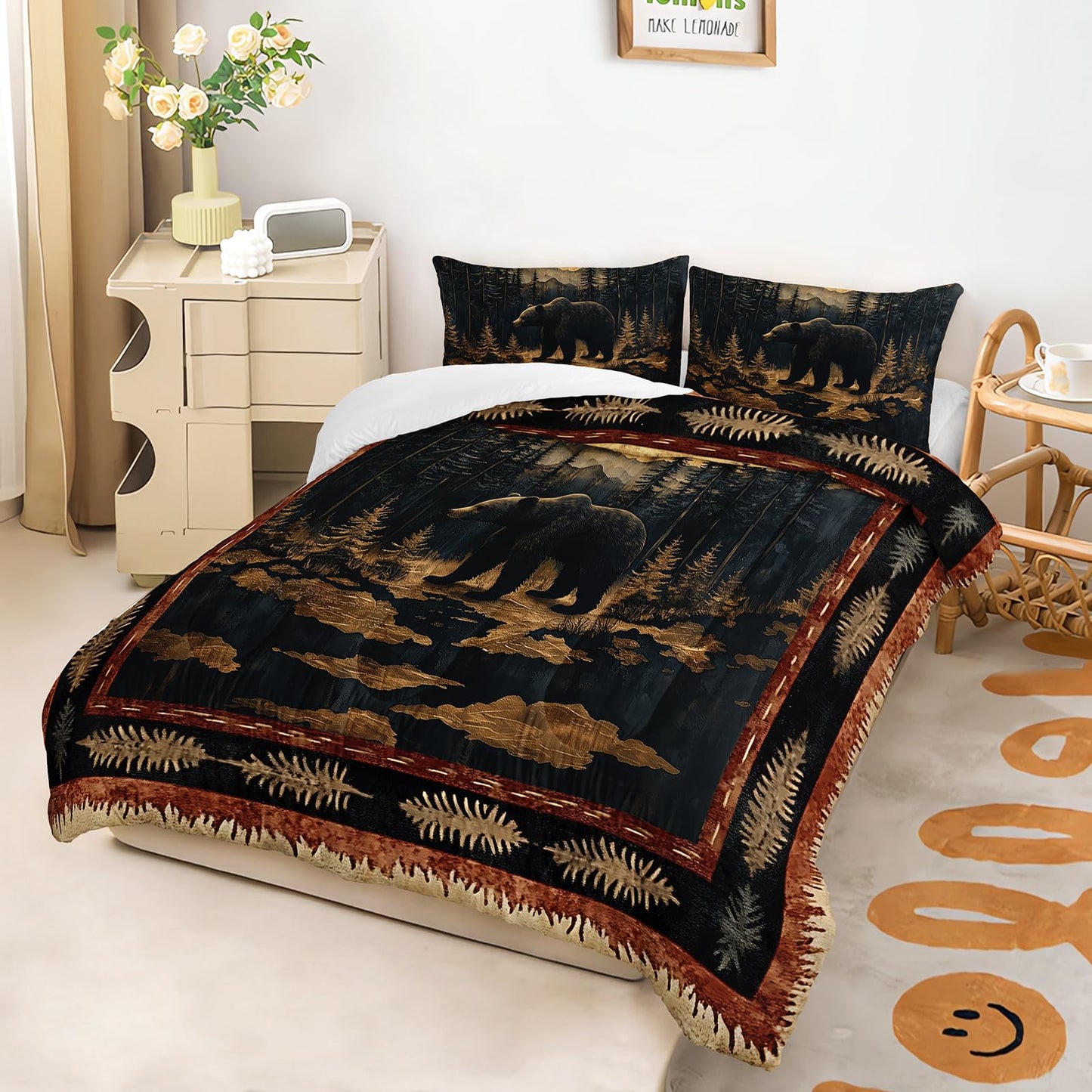 lneffble Black Bear Comforter Set Twin Size for Kids Boys,Rustic Comforter Set,Cabin Woodland Forest Animals Hunting Bedding Set,Soft Microfiber Wildlife Quilt Set