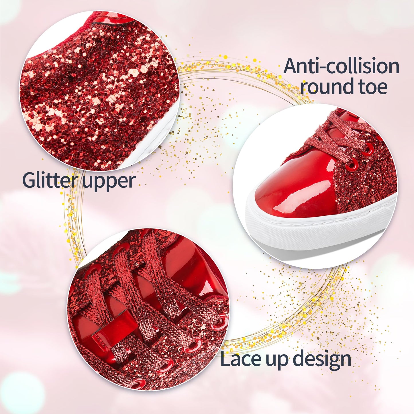 AISFAES Glitter Sneakers Sparkly Low Top Sequins Sneakers Lace Up Tennis Shoes Comfort Bling Shoes Fashion Shiny Walking Shoes(Red Glitter,12 Women/10 Men)