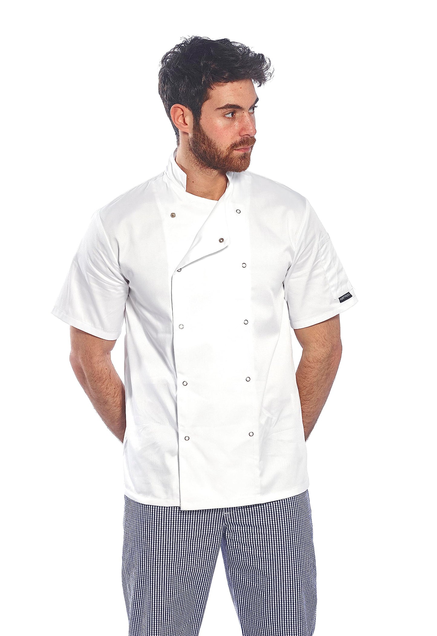 Portwest C733 Men's Cumbria Chef Jacket Lightweight Short Sleeve Durable Workwear Multi Functional Apron with Sleeve Pocket Machine Washable, White, L
