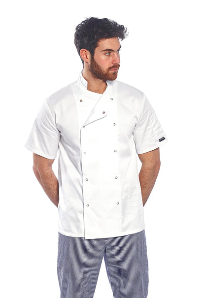 Portwest C733 Men's Cumbria Chef Jacket Lightweight Short Sleeve Durable Workwear Multi Functional Apron with Sleeve Pocket Machine Washable, White, L