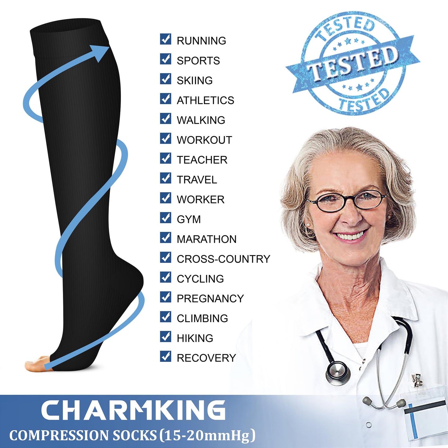 CHARMKING 3 Pairs Copper Compression Socks for Women & Men Circulation 15-20 mmHg is Best for All Day Wear Running Nurse