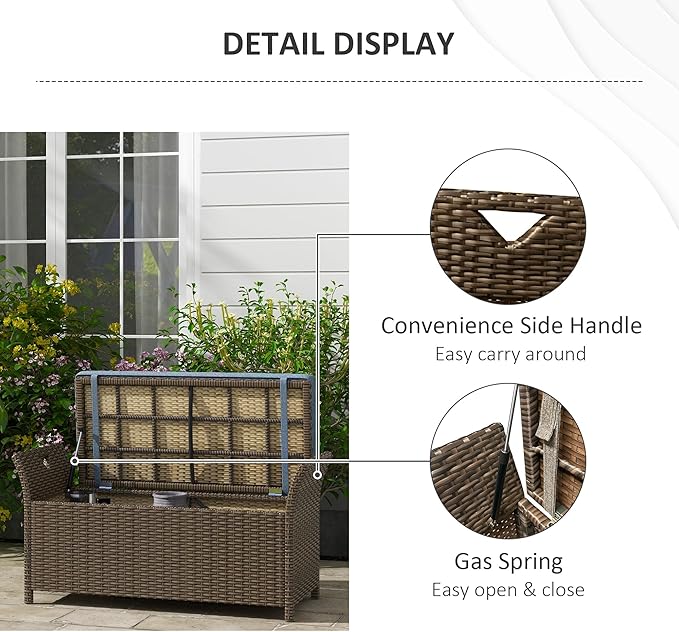 Outsunny 29 Gallon Patio Wicker Storage Bench, Outdoor PE Rattan Patio Furniture, 2-in-1 Large Capacity Rectangle Garden Storage Box with Handles and Cushion, Dark Blue