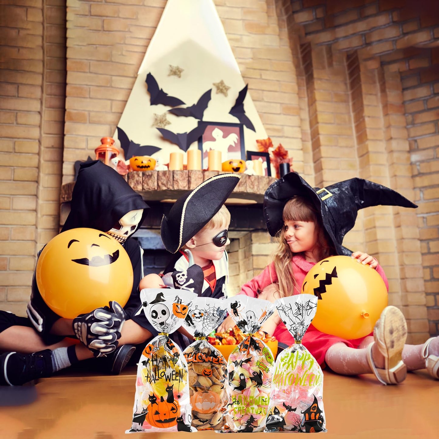 ONFAON Halloween Cellophane Treat Bags, 180pcs Halloween Trick or Treat Goody Gags with 200pcs Twists for Snacks Cookies Packing, Goodie Bags Party Supplies (10.8 * 4.9in)