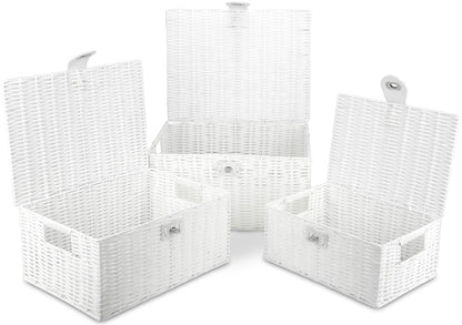 Honygebia White Wicker Storage Baskets - Set of 3 Decorative Nesting Boxes with Lids, Woven Basket with Lock & Handle, Organizer for Beauty Makeup Bathroom Decor
