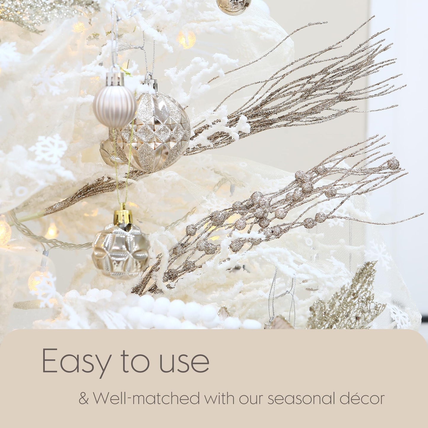 Sea Team 24-Pack Artificial Glitter Berry Stem Ornaments, Decorative Bead Sticks, Glittery Twigs, Picks, Branches for Christmas Tree, Small Vase, Holiday, Wedding, Party (15 Inches, Champagne)