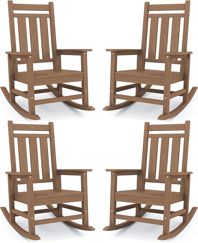 KINGYES Oversized Outdoor Rocking Chair Set of 4, All-Weather Patio Rocking Chairs for Porch, HDPE Outdoor Patio Rockers with High Back & Wide Seat for Garden, Lawn, Brown