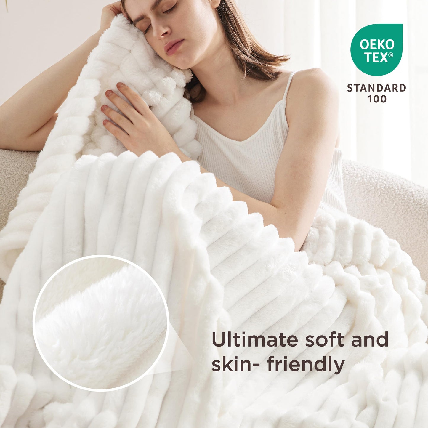 Bedsure Fleece Throw Blanket for Sofa - Fluffy Cosy Warm Blankets for Bed, Soft Cute Single Throw Gifts for Women and Girls, Off White, 130x170 cm