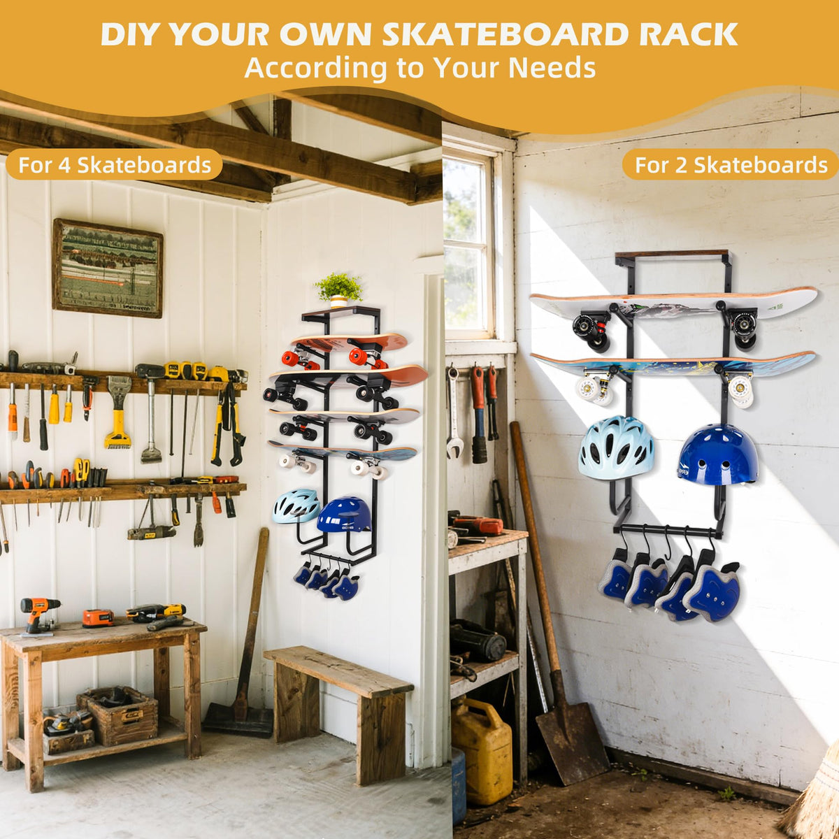 Skateboard Wall Mount Rack 4-Board Horizontal Storage — Wood Display Shelf, Holds 4 Longboards, Decks & Boards, 2 Round Wooden Helmet Stands & 5 Accessories Hooks, Garage Game Room Organizer (Black)