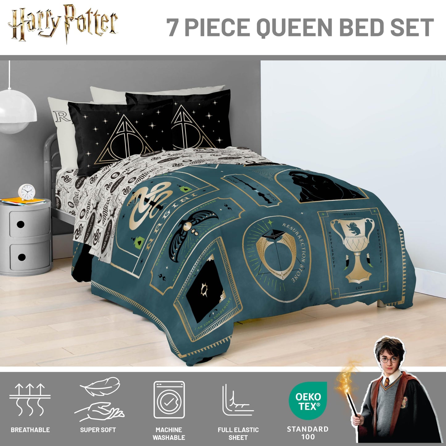 Jay Franco Kids Comforter Set Includes Sheets and Pillow Covers - Soft and Cozy Bed Set for Stylish Room Decor, Blue - Harry Potter, 7 Piece Queen Size Bedding