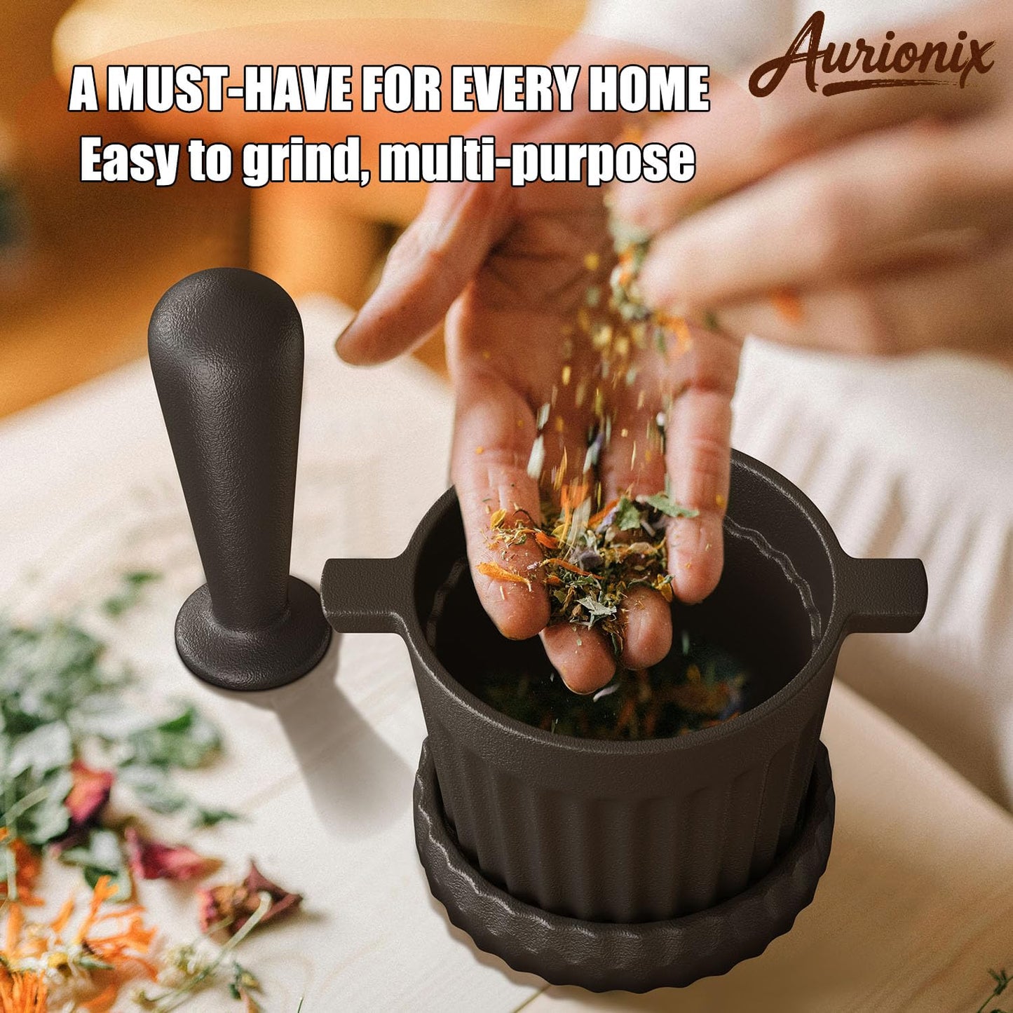 Aurionix Cast Iron Mortar and Pestle & Garlic Grater Plate Set, Guacamole Bowl and Masher with Bonus Brush/Spoon, Small Mortar and Pestle Set 3-in-1 Crushing Smasher for Kitchen Spices and Pesto