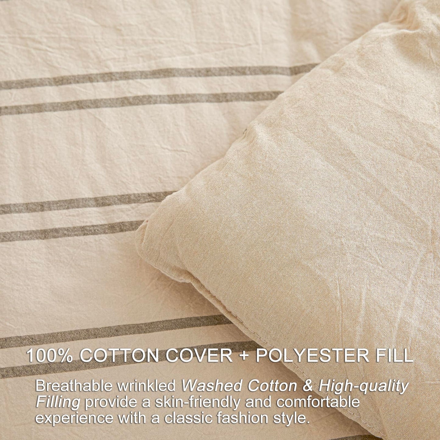Cyusri Cotton Stripe King Comforter Set - Soft Lightweight Bedding 3 Pieces Dyed Bed Set with 2 Pillow Shams,Reversible All Season Farmhouse Down Alternative(King Size 104"x90" Beige)