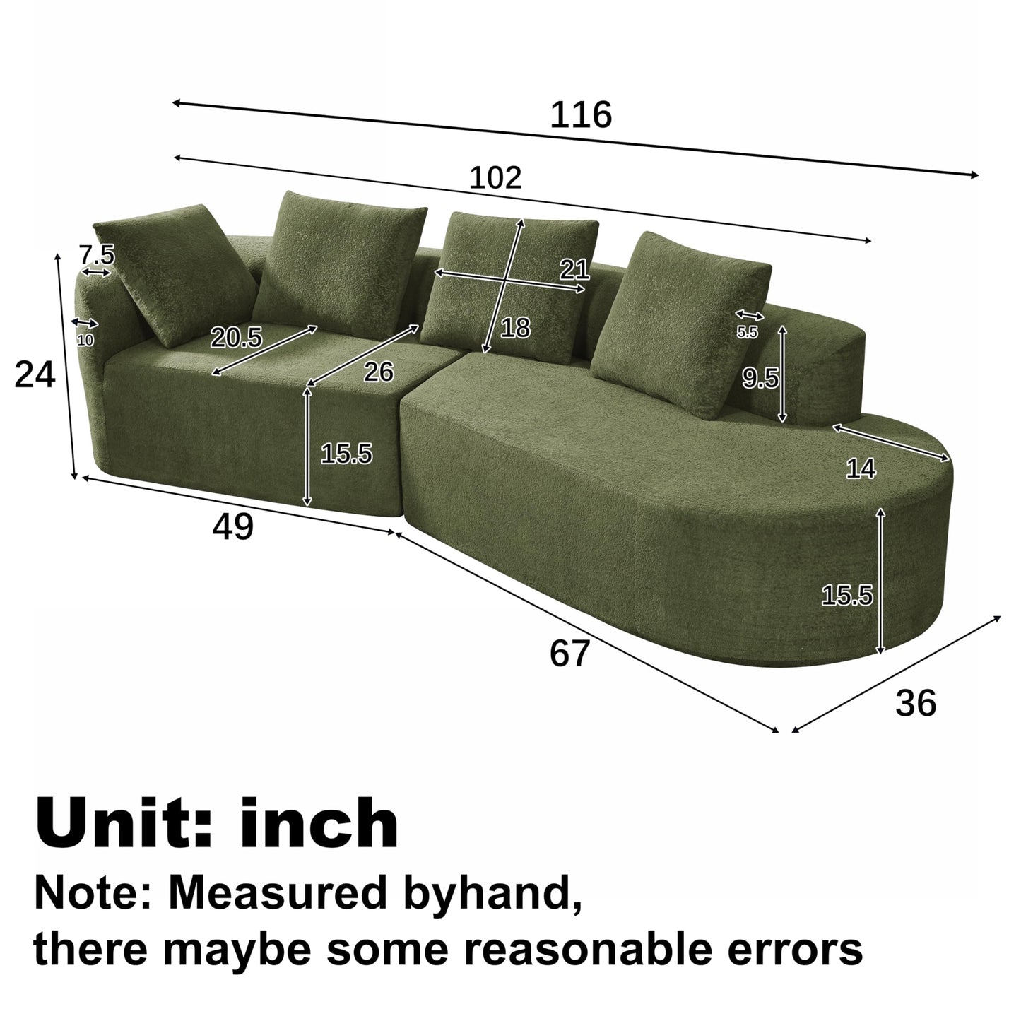 Merax 116" Curved Polyester Sectional Sofa, Modern Pearl Upholstery 3 Seat Cloud Couch with Chaise Lounge & 4 Pillows for Living Room, Green