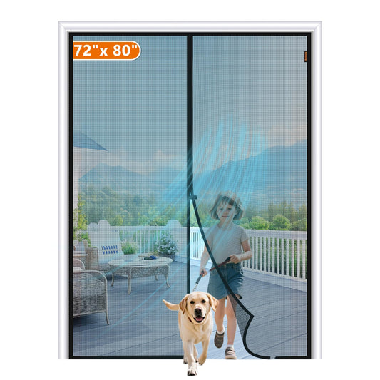 MAGZO Magnetic Screen Door Fit Door Size 72 x 80 Inch, Screen Size 74" x 81" French Door Screen with Full Frame Hook&Loop Black