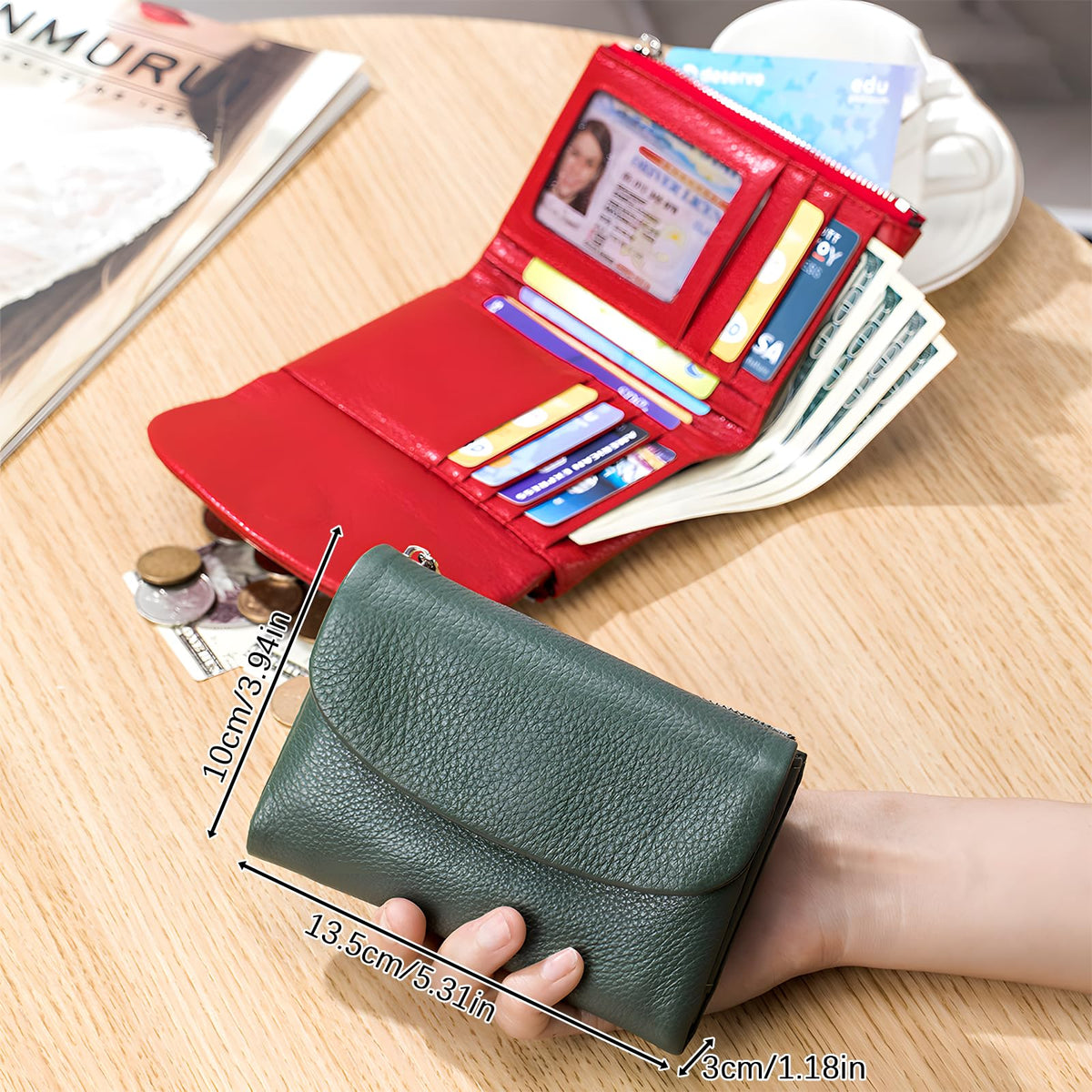 Unisex Pebble Leather Wallet, 5.3In Short Genuine Leather Coin Card Holder, Two zippered pockets, Unisex Clutch Bags, Can Hold Coins, Cards, Id Cards (Black)