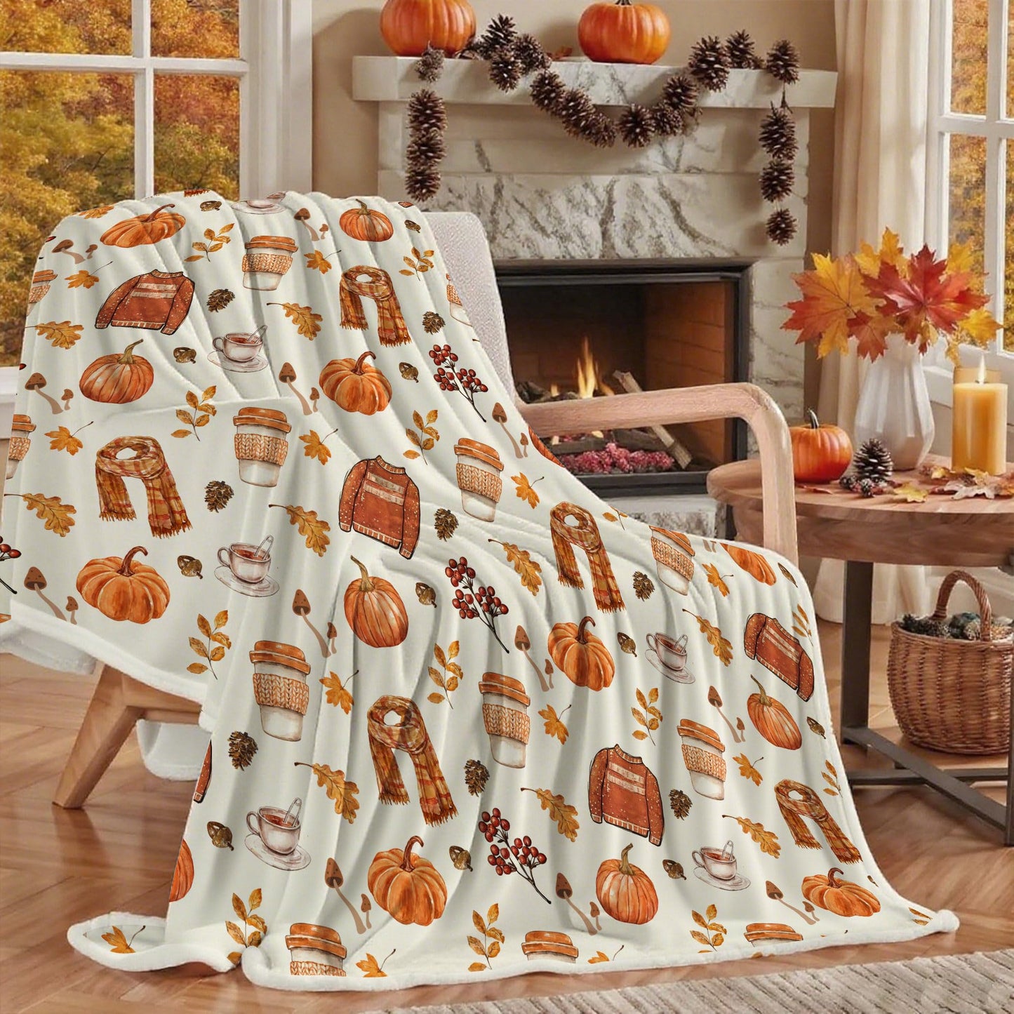 Fall Fleece Throw Blanket, Autumn Pumpkin Spice and Everything Nice with Books Wraps Coffees Lattes Pumpkins Pies Oversized, Soft Blanket for Couch,Cozy,Warm,Lightweight,50"X60"