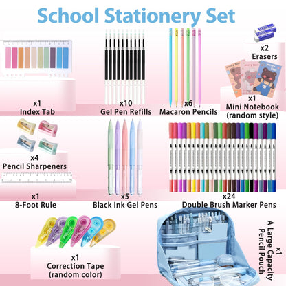 Ristpal 56 PCS Aesthetic School Supplies with Large Pencil Case, 24 Double Brush Marker Pens, 5 Black Ink Gel Pens, 6 Macaron Pencils, 4 Sharpeners, Sticky Notes, Ruler, Erasers, Stationery Gift