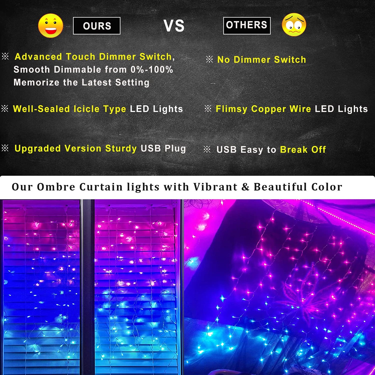 Pink Purple & Blue Ombre Fairy Curtain Lights with Dimmer Switch, Ombre Rainbow LED Icicle String Curtain Lights for Girls Room, Bedroom, Teen Room, Kids Room, Wedding, Mothers Day, Mermaid Décor