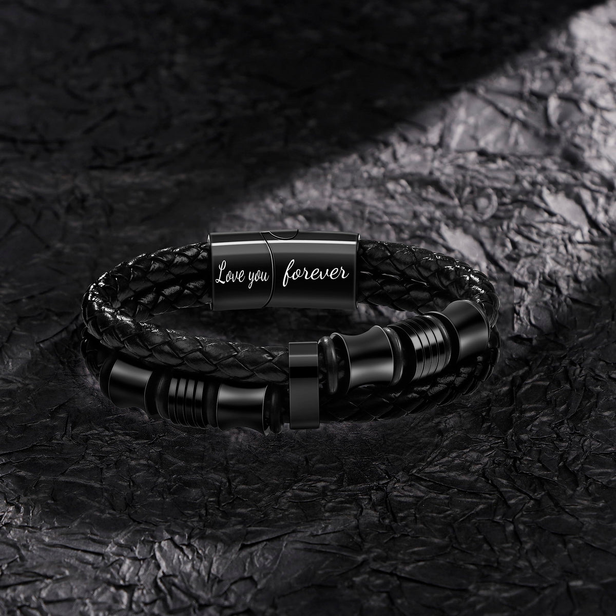 JoycuFF Gifts for Son from Dad Mom Leather Bracelet Gifts for Men Birthday Gift for Son Bracelet from Mom Black Layered Bracelets Engraved I Love You Forever Braied Cuff Graduation Gift