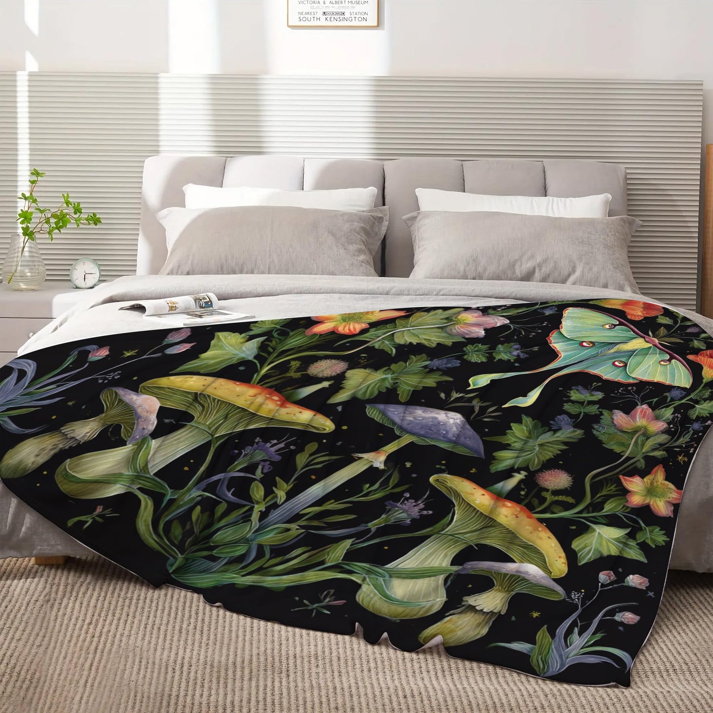 Yookeb Moth Gothic Flower Throw Blanket Butterfly Goth Mysterious Plant Botanical Witchy Soft Warm Gift Flannel Blanket for Couch Sofa Chair Bed or Dorm, 50 x 60 Inch