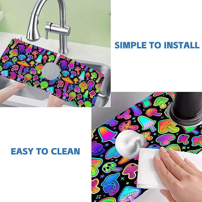 Bright Neon Mushroom Kitchen Sink Splash Guard Absorbent Fast Drying Mat Faucet