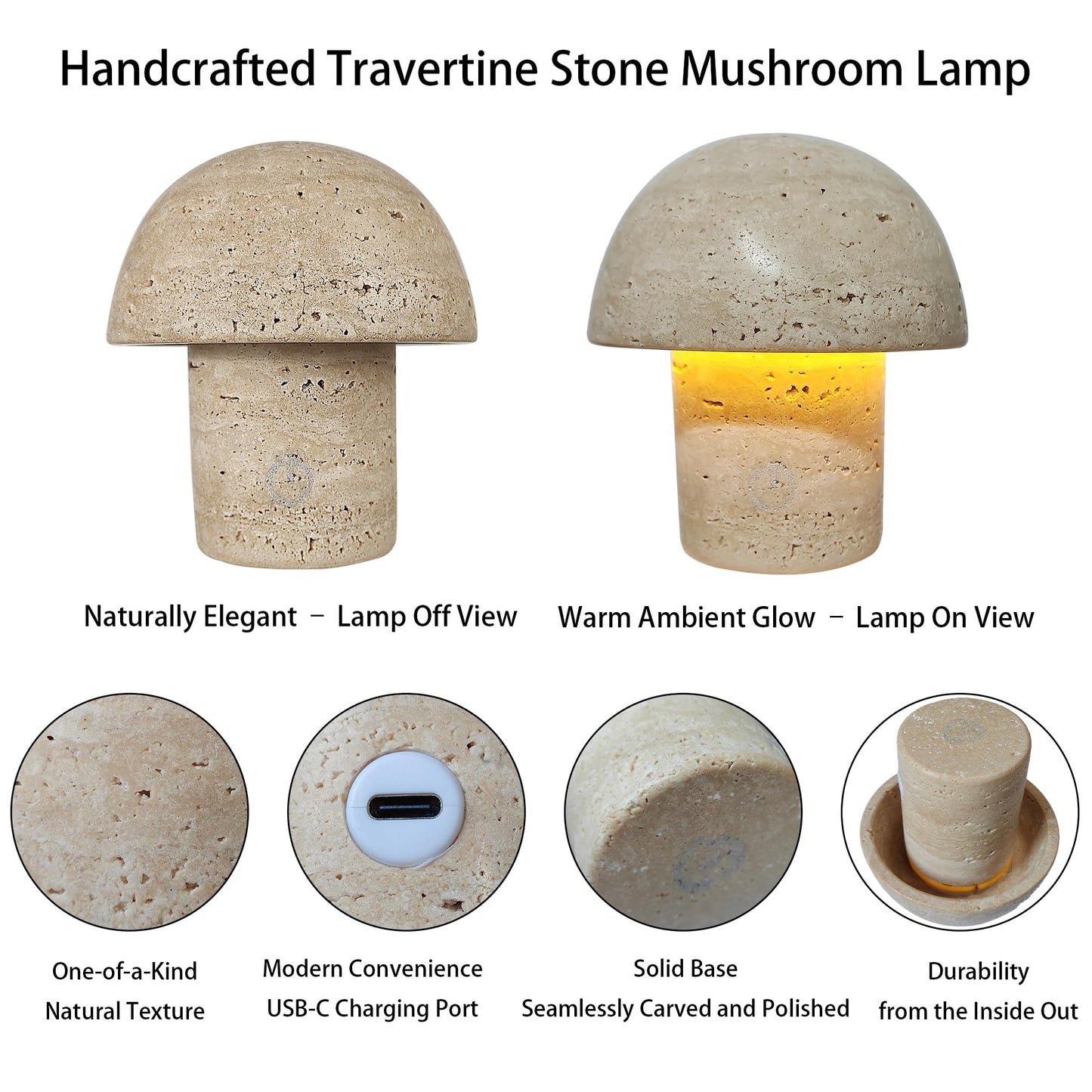 Natural Stone Mushroom Lamp - Handcrafted Travertine Night Light, Rechargeable with Type-C, Dimmable LED Accent Light for Bedroom & Living Room
