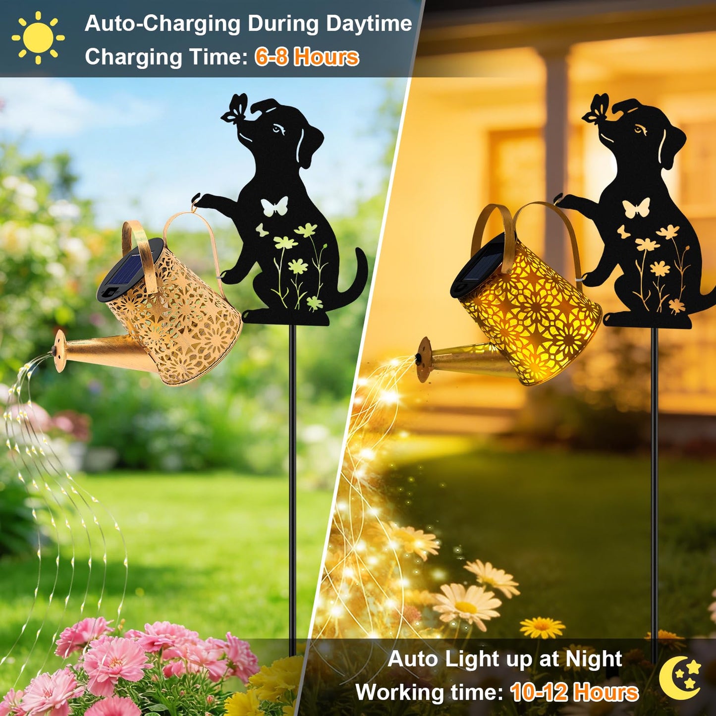 VOOKRY Solar Watering Can Lights Outdoor with Dog Silhouette Stake, Garden Gifts for Mom, Women & Garden Lovers Waterproof Metal Garden Lantern, Decorative Yard Patio Lawn Pathway Decor(1 Pack)