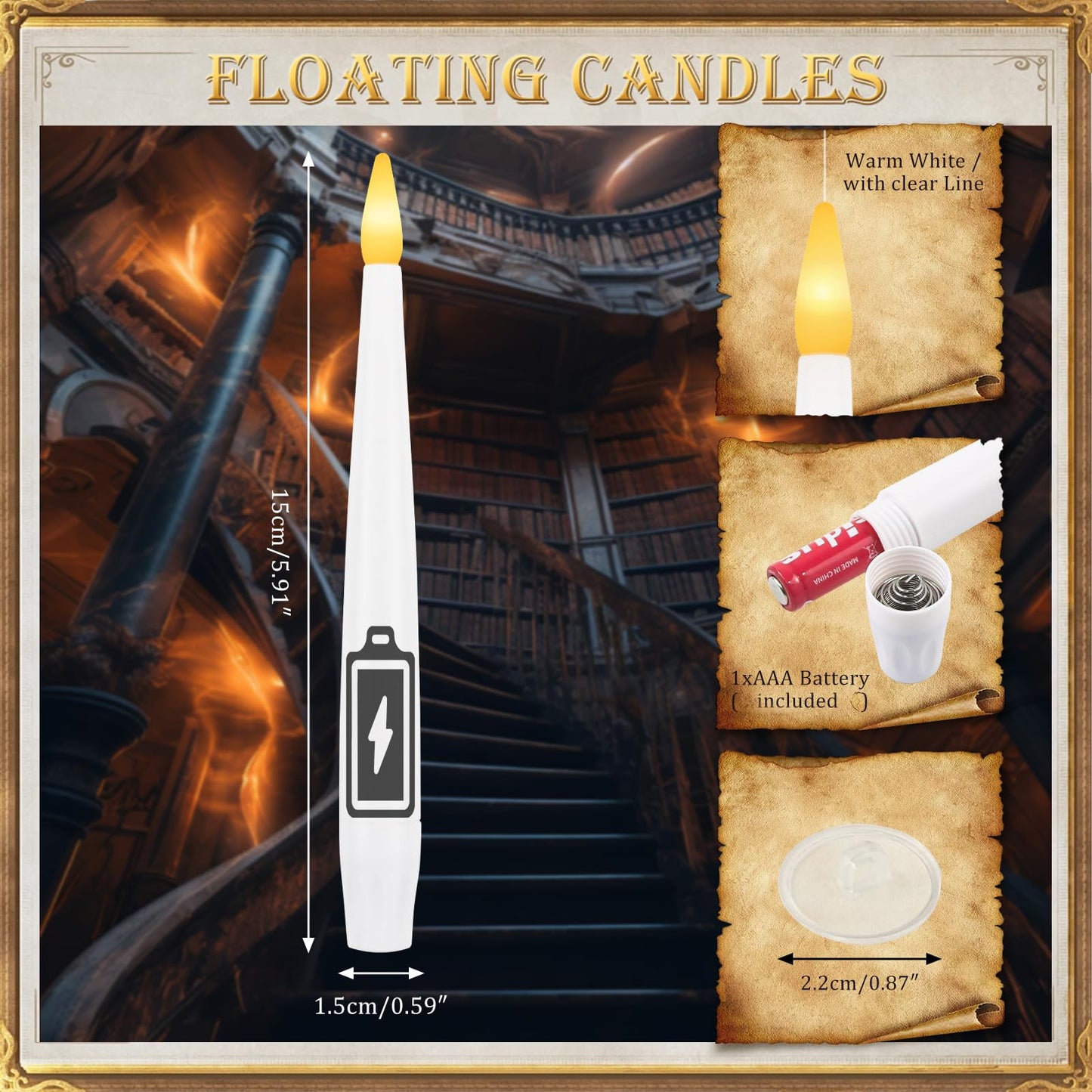 Sunjas 12 PCS Floating Candles with Wand LED Magic Hanging Candle Battery Operated Candle with 13 Batteries Include Flickering Warm Light Floating Candles for Christmas Halloween Decoration