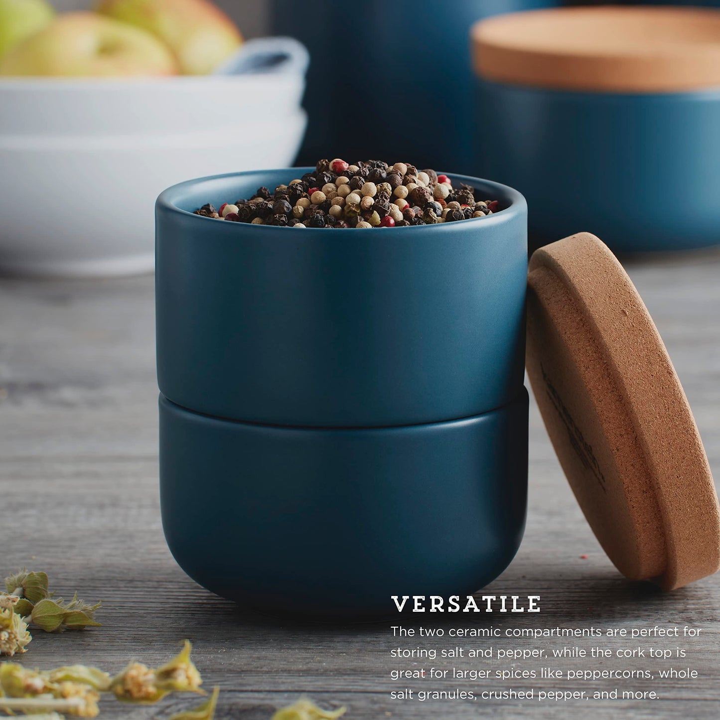 Ceramic and Cork 3 Piece Stackable Salt and Pepper Cellar For Countertop Space Saving, Easy Lift Lid to Retain Freshness, Natural Cork and Teal Ceramic