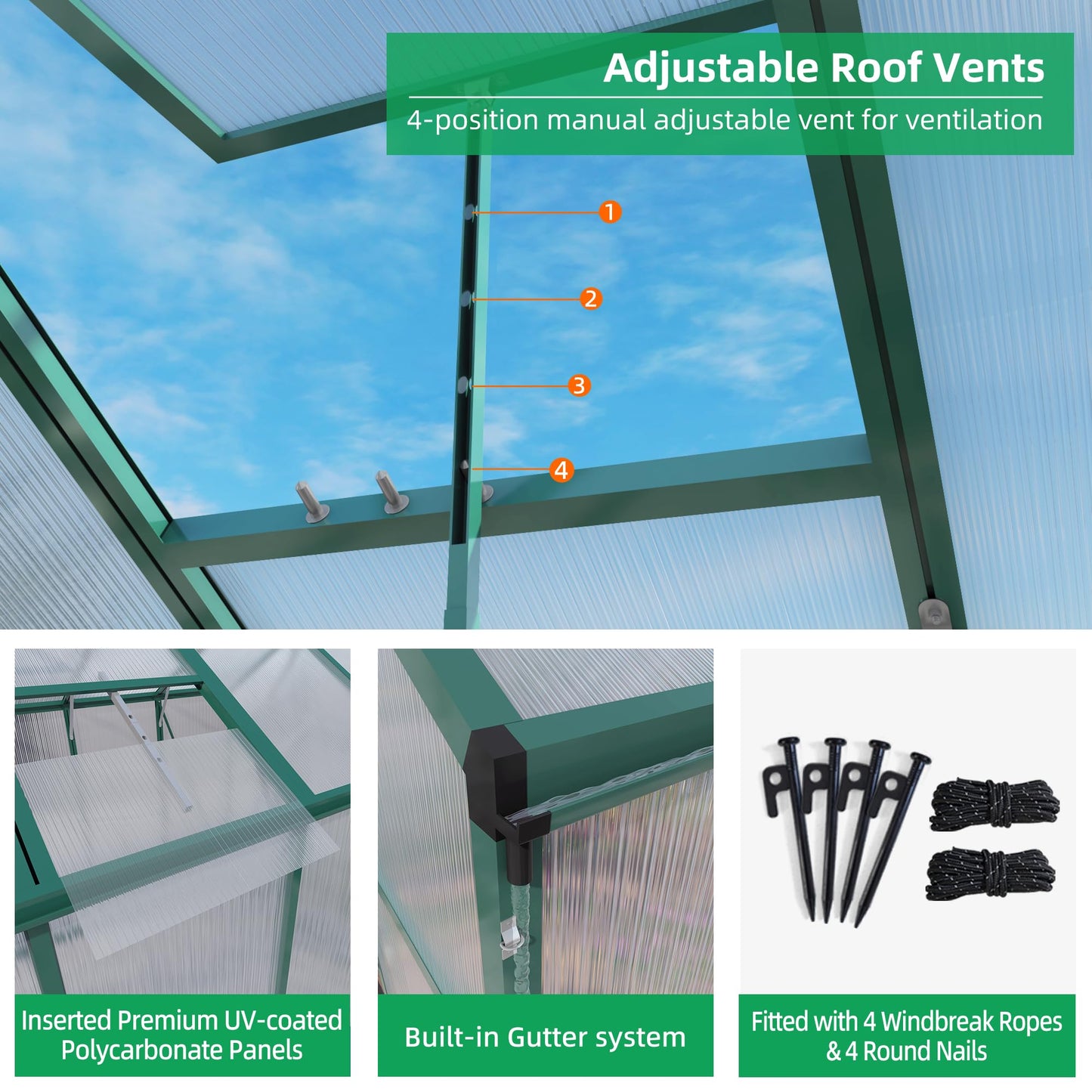 YOPTO 6x6 FT Greenhouse,Outdoor Greenhouse W/ Roof Vent,Walk-in Aluminum Polycarbonate Green Houses W/ Drainage System & Ground Nails,for Outside Garden,Backyard,Patio,Lawn,Green