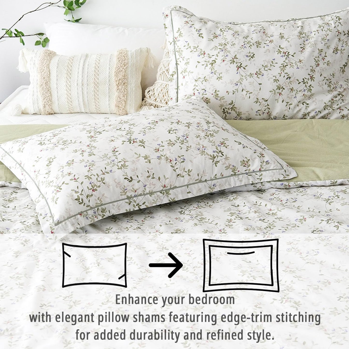 LEMIROE Botanical Cotton Comforter King Size - Tender Green Comforter Printed with Leafy Branches & Purple Stamens on Off-White,Reversible Lightweight Bedding Sets 3Pcs