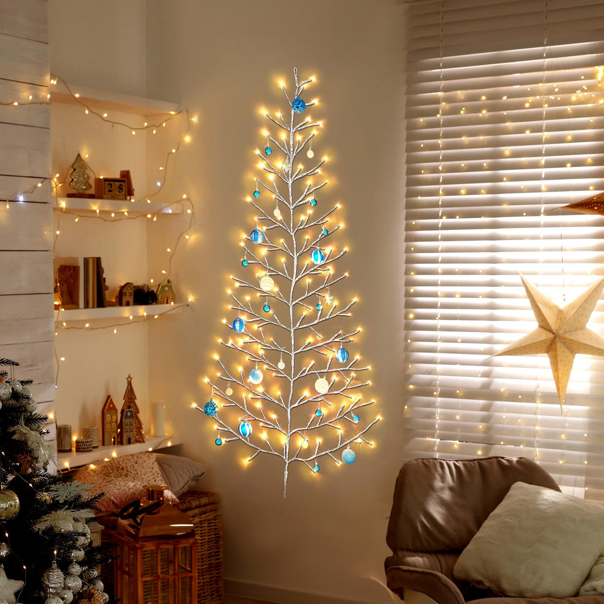 ElectricWise 5 FT 144 LED Lighted Wall Christmas Tree with Decorative Balls, 8 Light Modes Plug in Half Christmas Tree, Hanging Flat Mounted Trees for Holiday Apartment Room (Silver, Blue and White)
