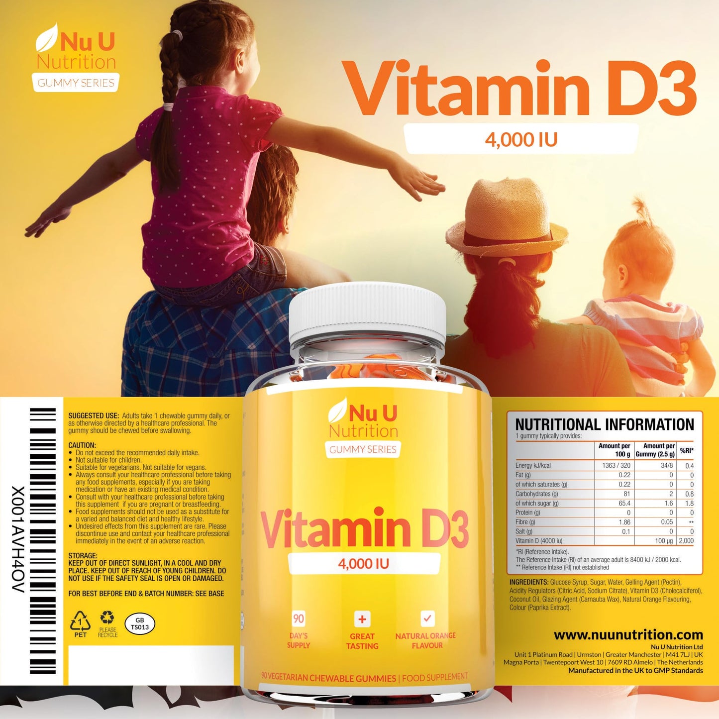 Vitamin D3 Gummies 4000 IU Adults - 90 High Strength Gummies - 1 a Day - Natural Orange Flavour - Vegetarian VIT D Supplement - Chewable VIT D Gummy - Made in The UK - Nu U Nutrition