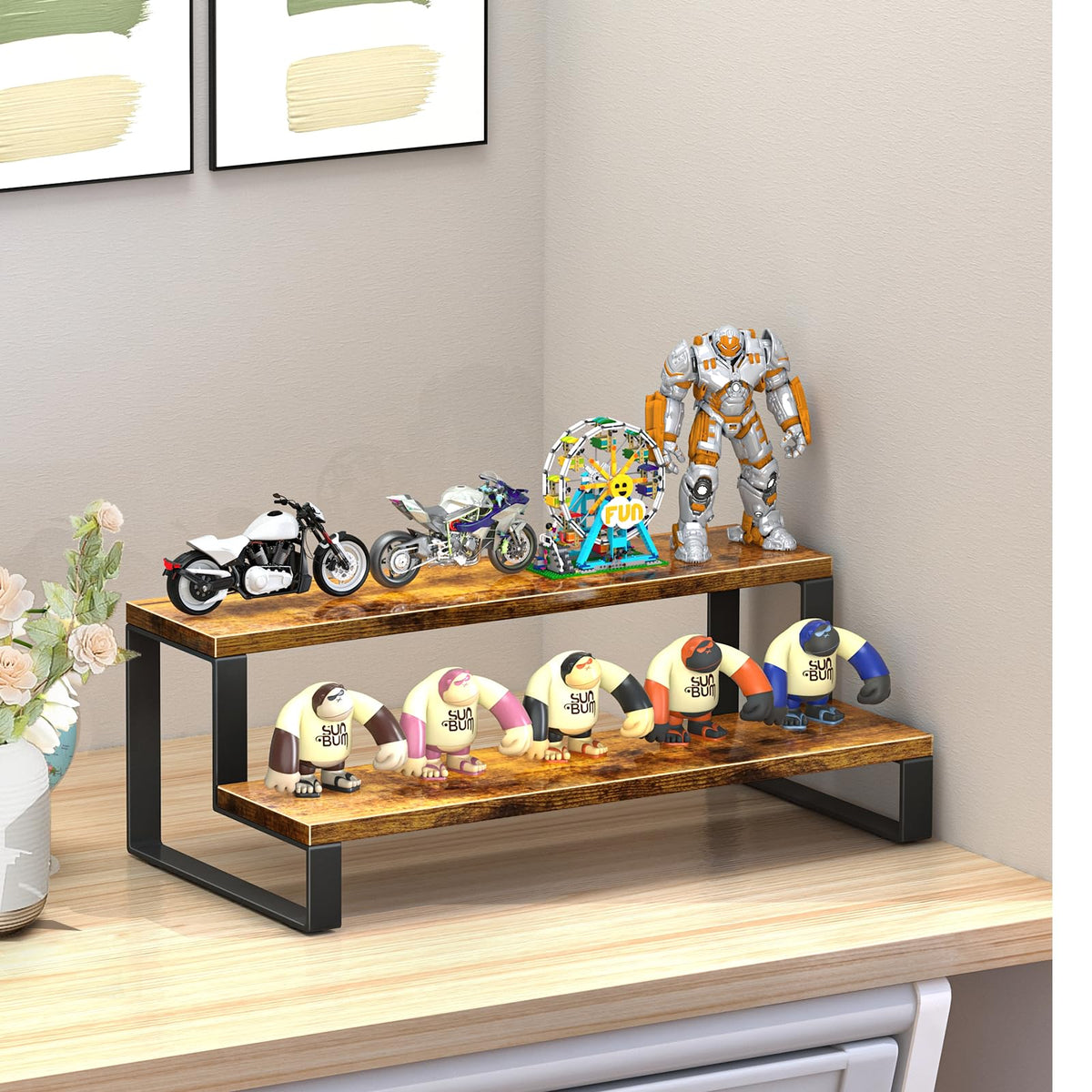 ELITEROO Wooden Display Riser Stand, Tiered Perfume and Cologne Organizer Stand, 2 Tier Rustic Display Shelf for Party,Makeup,Figures,Cupcake,Perfume,Dessert,Candles