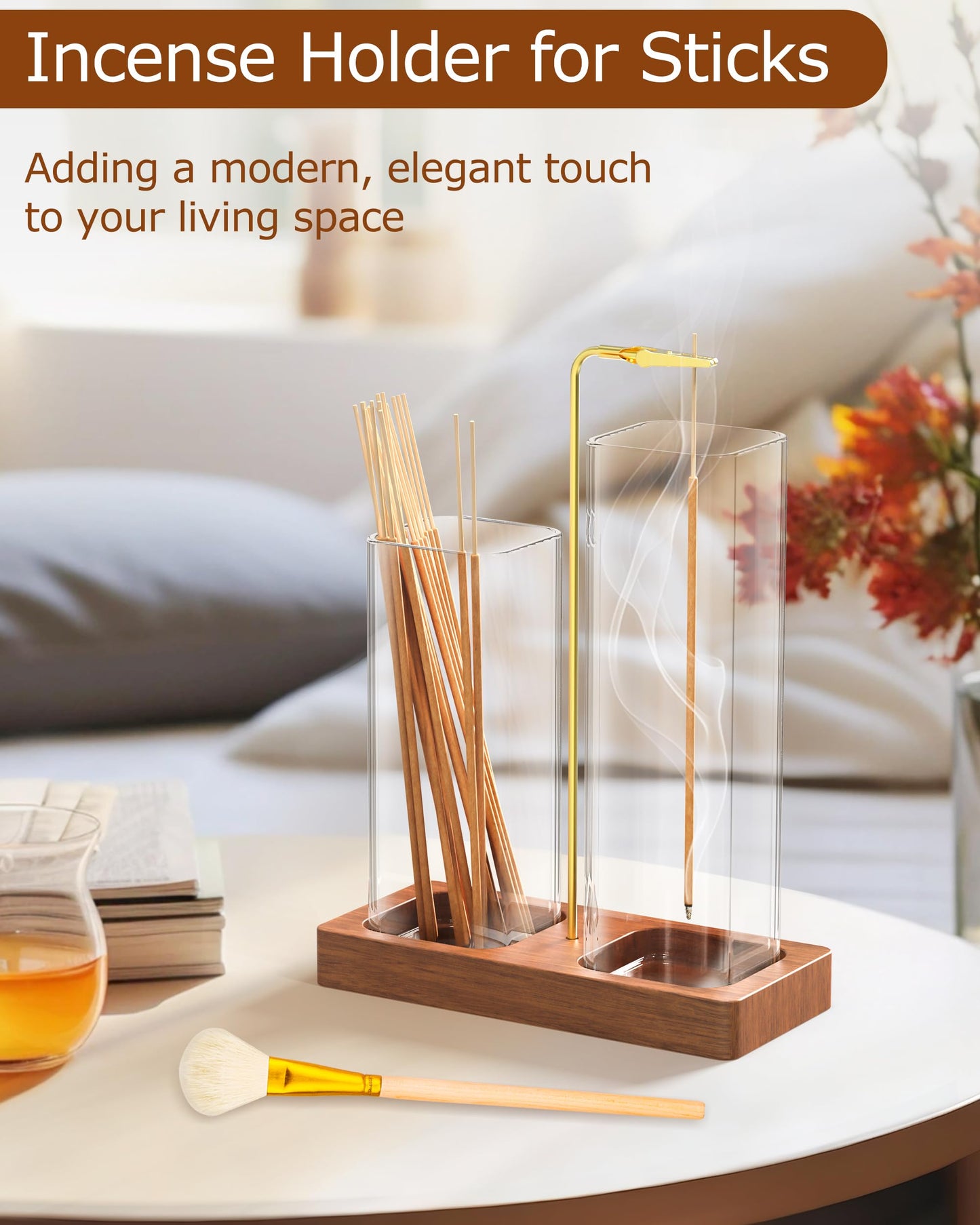 2 in 1 Incense Holder with 7.8" & 5.9" Glass Jars, Large Incense Holder for Sticks, Upside Down Incense Burner with Ash Catcher & Storage for Meditation Yoga Spa Home Decor - 20 Incense Sticks & Brush
