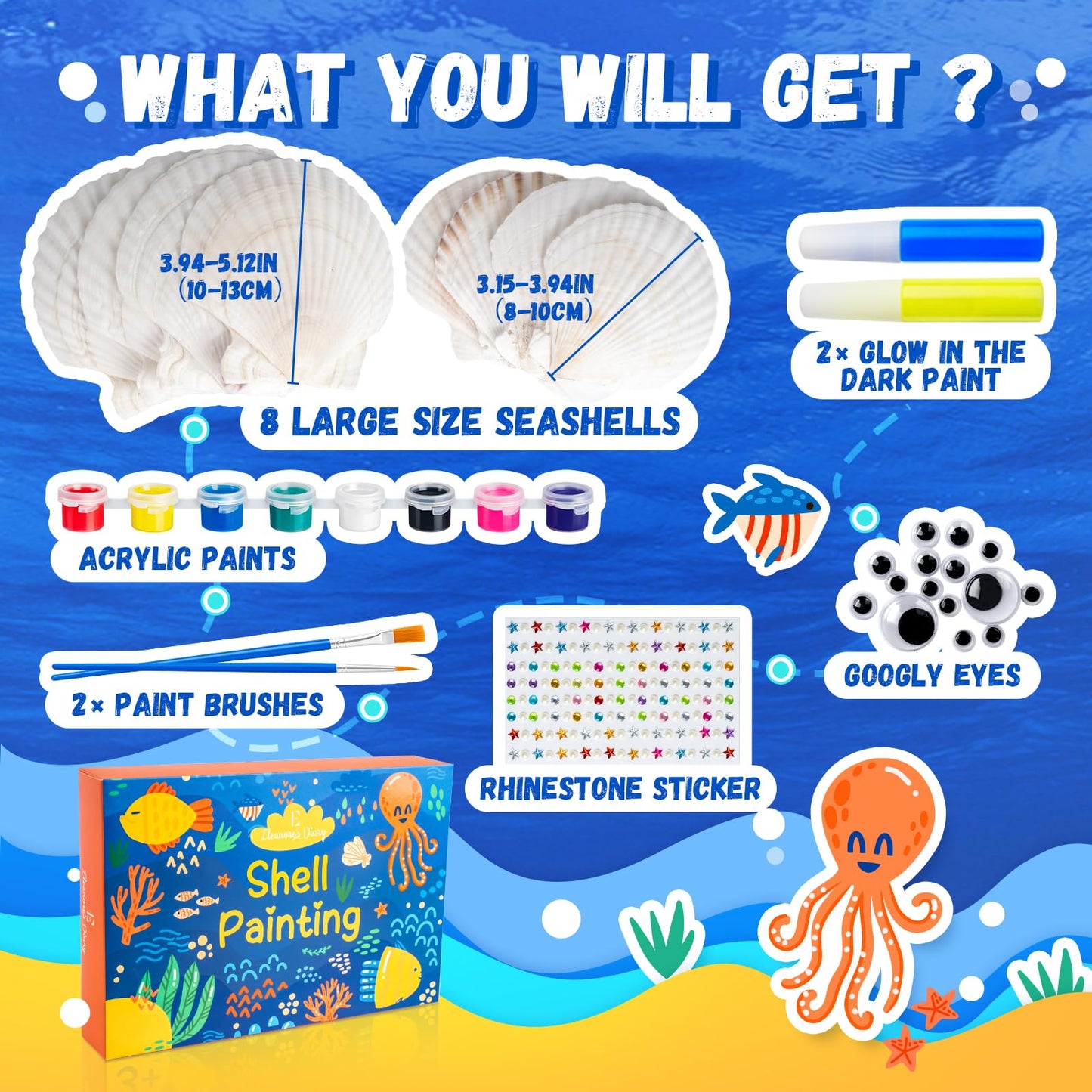 Eleanore's Diary Kids Sea Shell Painting Kit, Arts & Crafts Painting Gifts for Boys Girls, DIY Creative Craft Activities Toys for Age 5 6 7 8 9 10 11 12 Year Old, Birthday Easter Rainy Day Gifts
