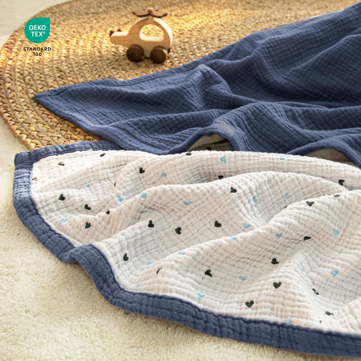 lulumoon Muslin Baby Blanket for Boys: Soft Cotton Toddler Blanket for Daycare - Reversible Lightweight Crib Bedding for Stroller & Travel 47"x47"(Blue)
