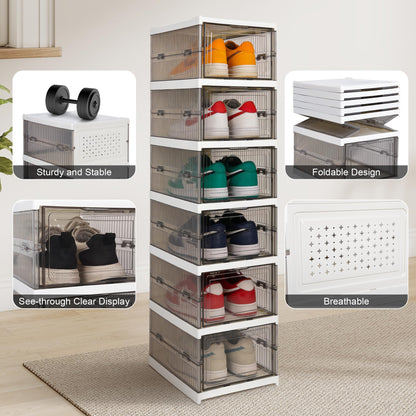 LQCHETOU Shoe Storage Box, No-Assembly 3 Tiers Foldable Shoe Organizer with Clear Door, Space-saving Shoe Rack，Sturdy Clear Plastic Stackable Sneaker Containe, Foldable shoe rack (grey, 3-Tier)