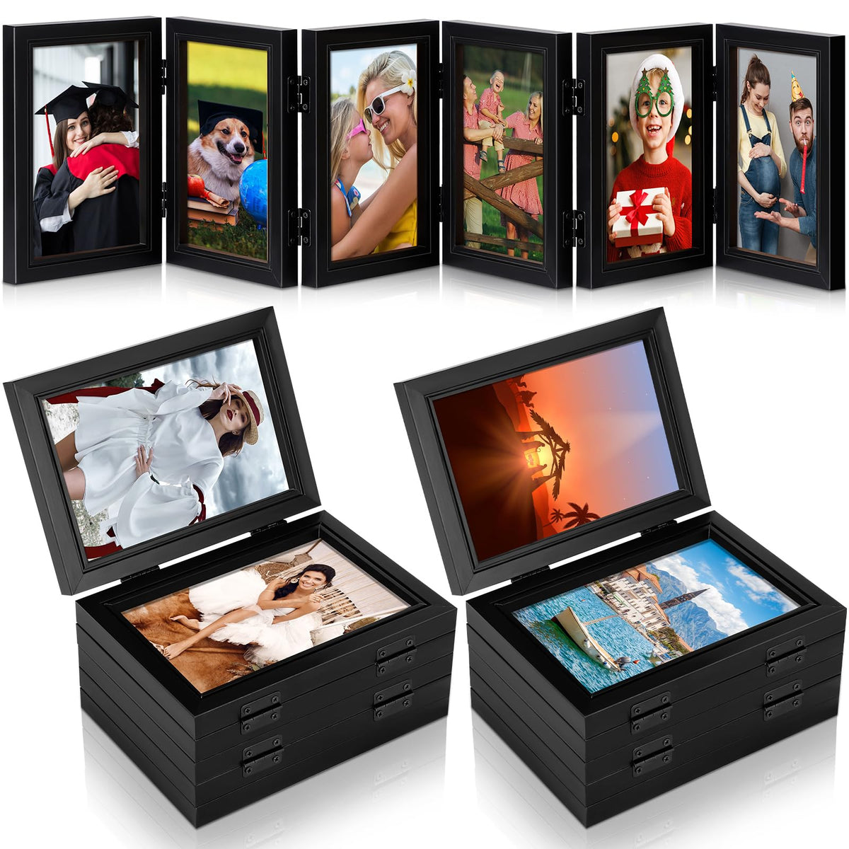 Sintuff 2 Pack 6 Folding Hinged Picture Frame Graduation Photo Frame High Definition Natural Wood Picture Collage for Desktop Display Family Graduation Birthday Mother's Day Gift(Black,4x6 in)