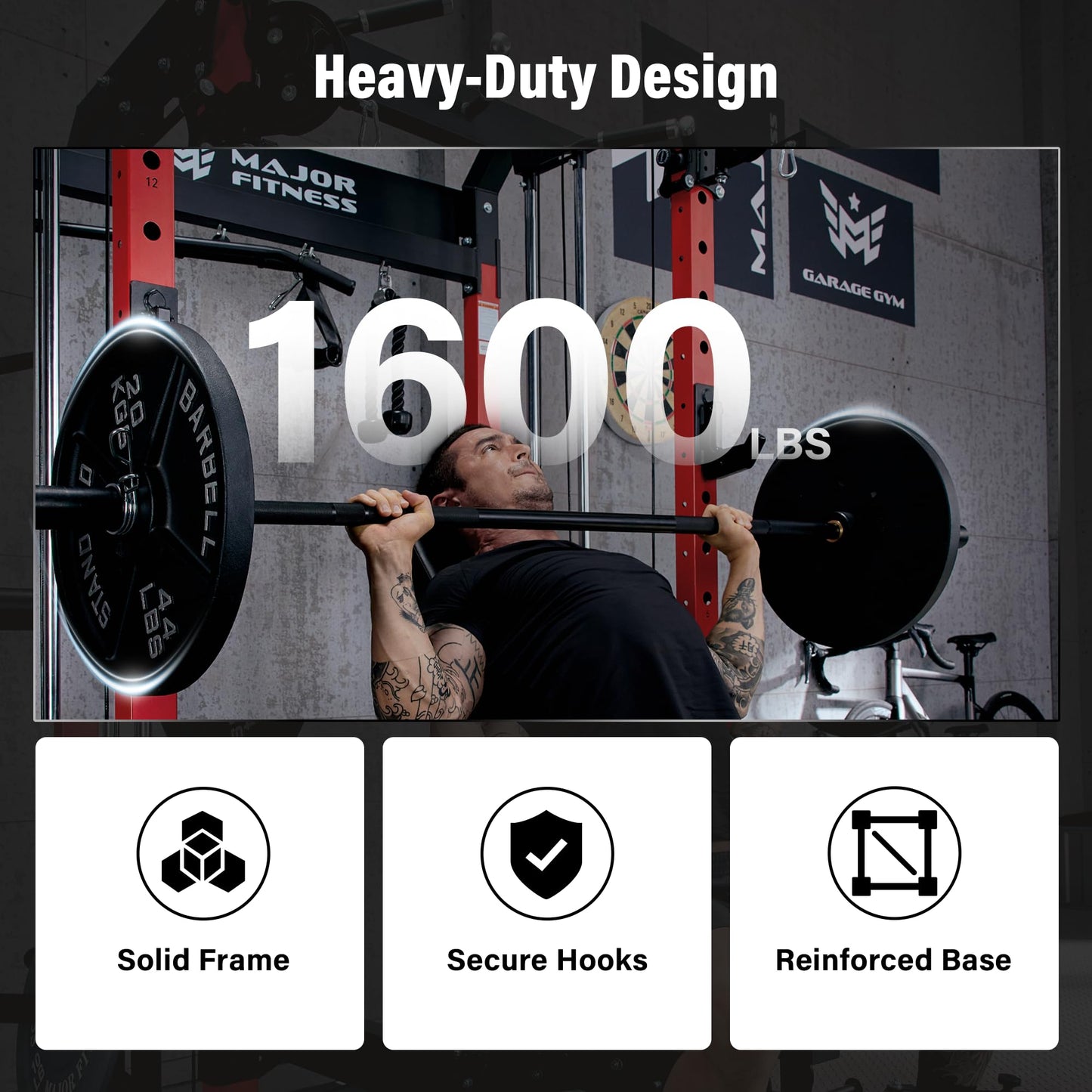 MAJOR FITNESS F22 Power Rack, 1600lbs All-in-One Squat Rack with Cable Crossover, Dual Pulley System, Heavy-Duty Steel Frame, Attachments & Storage for Home Gym Strength Training, Black