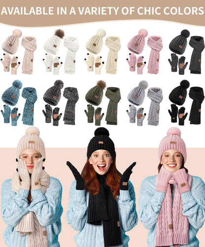 Women Beanie Hat Scarf Gloves Set, 3 PCS Winter Warm Pom Pom Beanie Hat Skull Cap Long Knit Neck Scarf & Touchscreen Gloves Set for Cold Weather, Christmas Holiday Gifts for Mom Wife Friend Sister Her