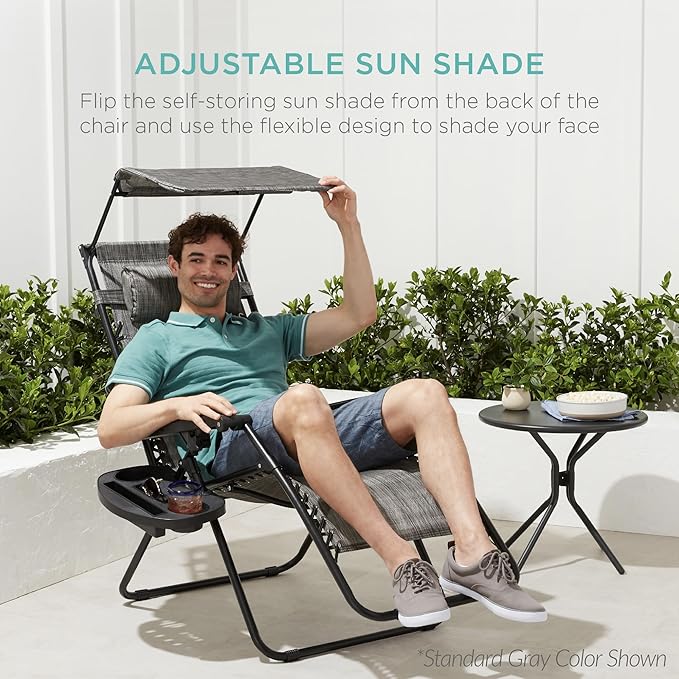 Best Choice Products 30” Wide Folding Zero Gravity Outdoor Recliner Patio Lounge Chair w/Adjustable Canopy Shade, Headrest, Side Accessory Tray - Gray